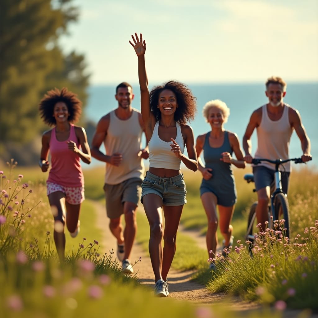 pessoas a fazer exercicio ao ar livre Grupo a correr num caminho verde, com ciclista ao fundo, num dia ensolarado.