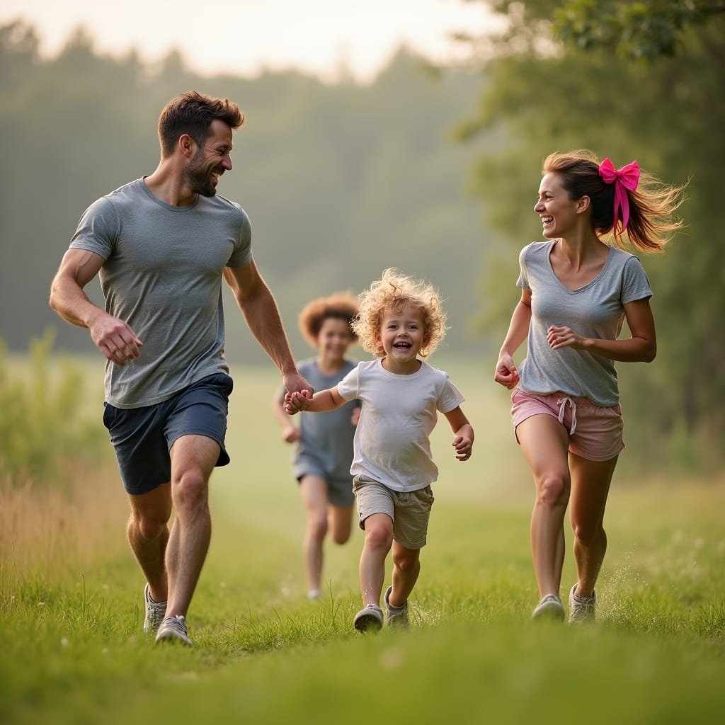 familia a fazer exercicio Grupo de quatro correndo em campo gramado sob sol, dois adultos e duas crianças.