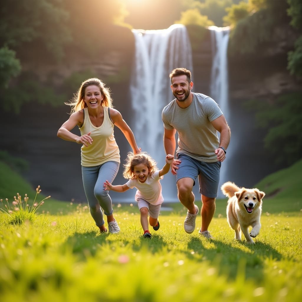famila ao ar livre saudavel Família e cão correm num prado verde com cascata ao fundo num dia ensolarado.