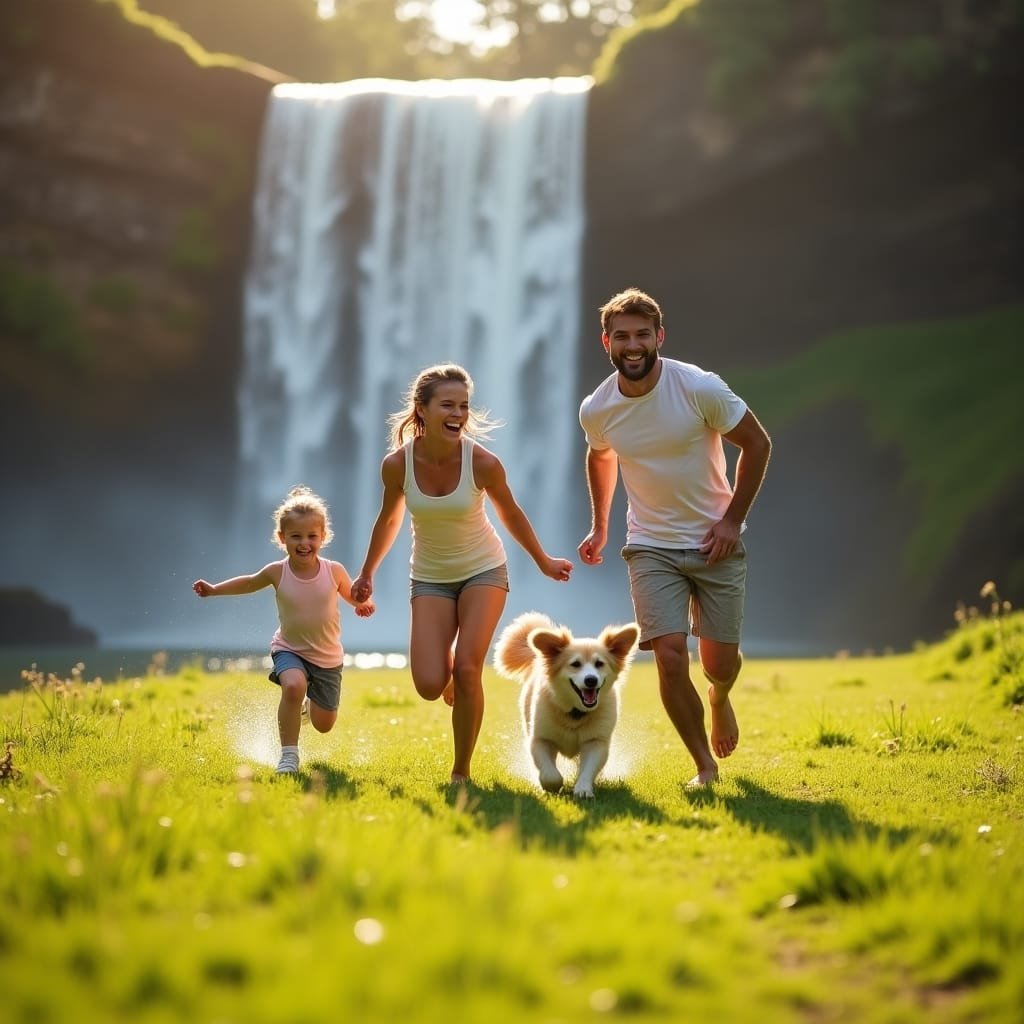 Família Feliz Correndo na Natureza Família corre com cão em relva verde, cascata ao fundo, dia ensolarado.