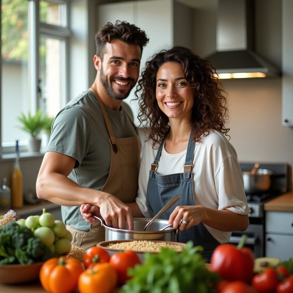 casal a cosinhar sorrindo em paz e felizes Saude é essencial viva plenamente