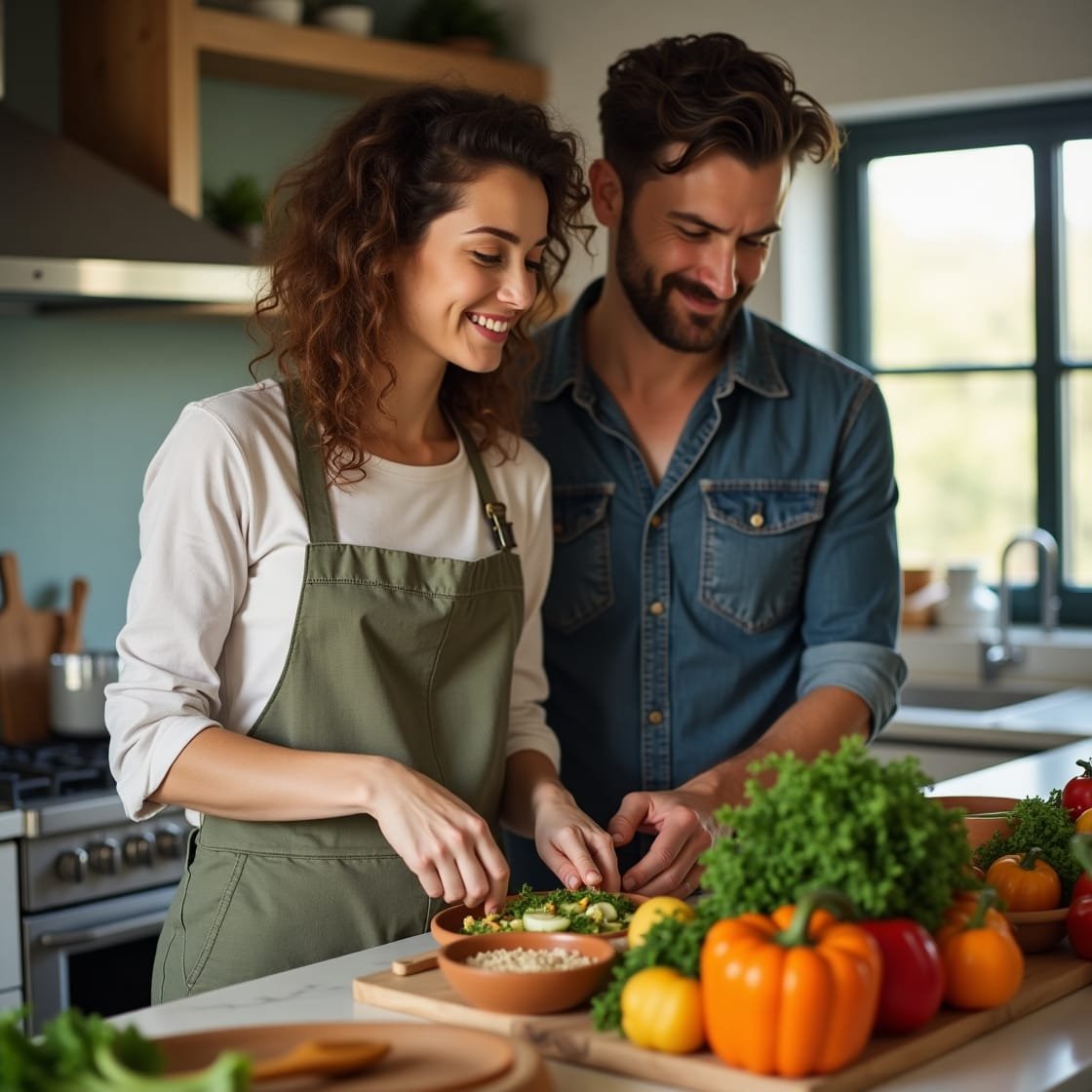 casal a cosinhar sorrindo Saude é essencial viva plenamente