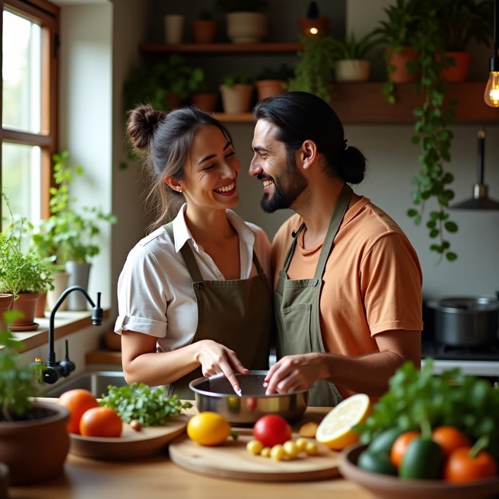 casal a cosinhar sorrindo e em paz Saude é essencial viva plenamente