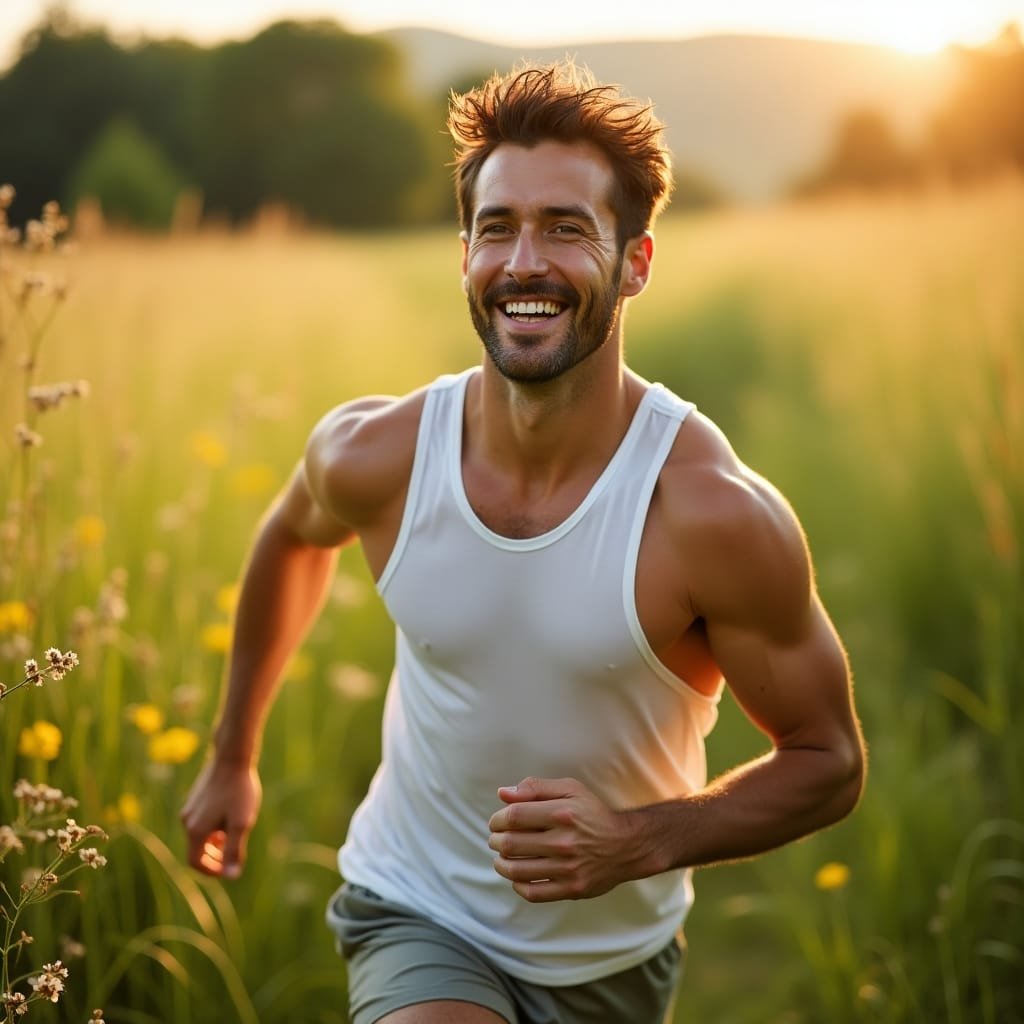 homem feliz e saudavel ao ar livre a fazer exercicio e em paz Saude é essencial viva plenamente