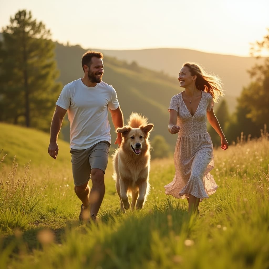 casal e seu cão ao ar livre felizes e saudaveis Saude é essencial viva plenamente